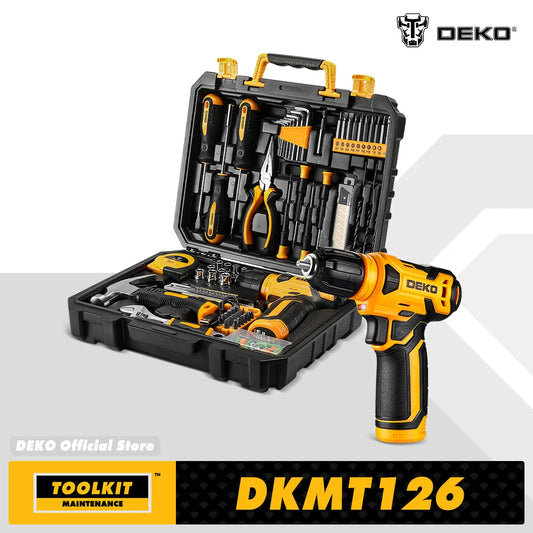 DEKO 126Pcs Power Tool Combo Kits with 8V Cordless Drill,10MM 3/8'' Keyless Chuck,Professional Home Household DIY Hand Tool Kits [PTO]