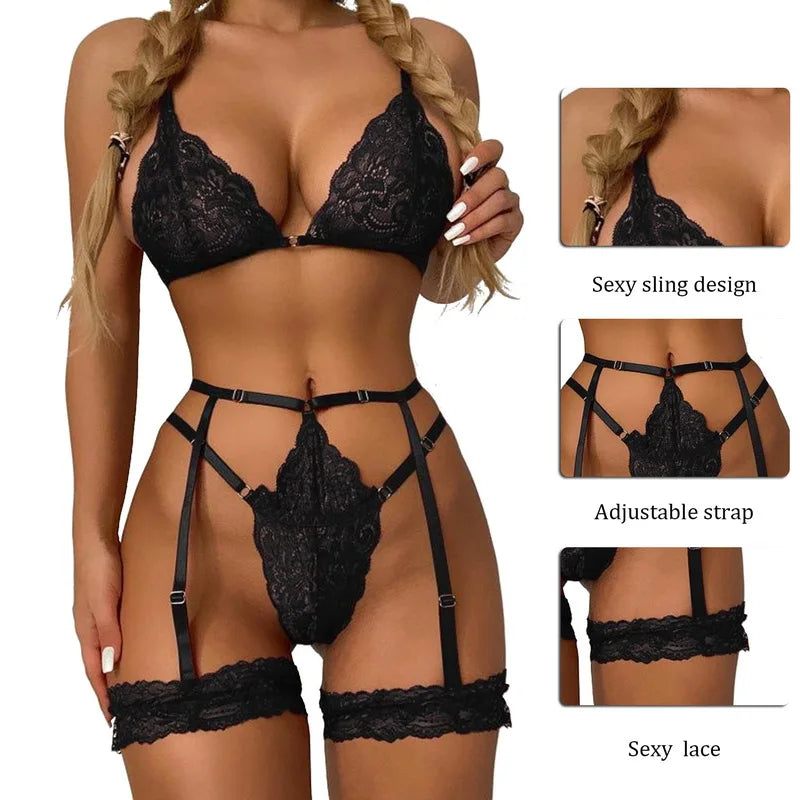 Lace Transparent Lingerie For Women Bra Set Floral Exotic Sheer Half Cup Bra Panty Lingerie Set Fashion Sexy Women's Underwear [UND]