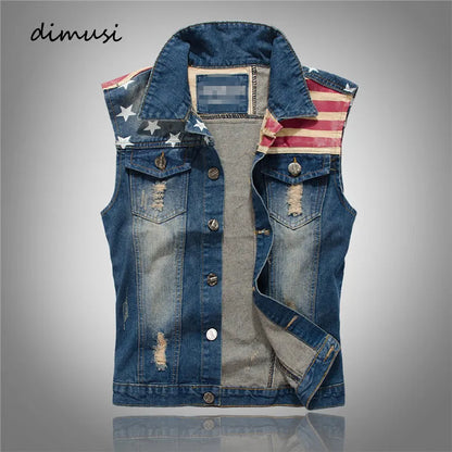 Mens Denim Vest Men Cowboy Ripped Sleeveless Vintage Jacket Tank Spring USA Flag washed Jeans Vest Plus Size 5XL [MEN]