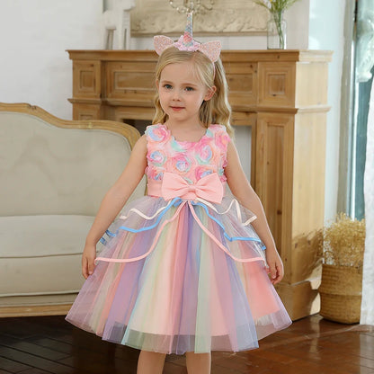 Halloween Unicorn Girls Cosplay Costume Rainbow Unicorn Birthday Wedding Party Tulle Gown Kids Carnival Prom Disguise Dress Up [COS]