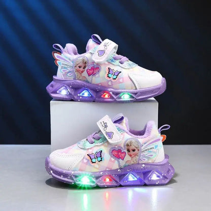 Disney LED Casual Sneakers For Spring Girls Frozen Elsa Princess Print Pu Leather Shoes Children Lighted Non-slip Pink Purple [SHO]