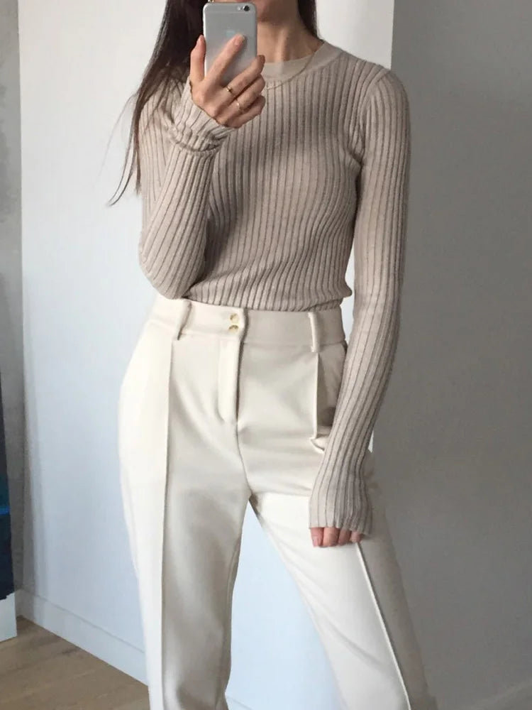 Women's Sweater Pullover Basic Crew Neck Ribbed Tops Solid Knitted Jumper With Thumb Hole [WOM]