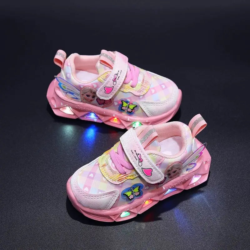 Disney LED Casual Sneakers For Spring Girls Frozen Elsa Princess Print Pu Leather Shoes Children Lighted Non-slip Pink Purple [SHO]