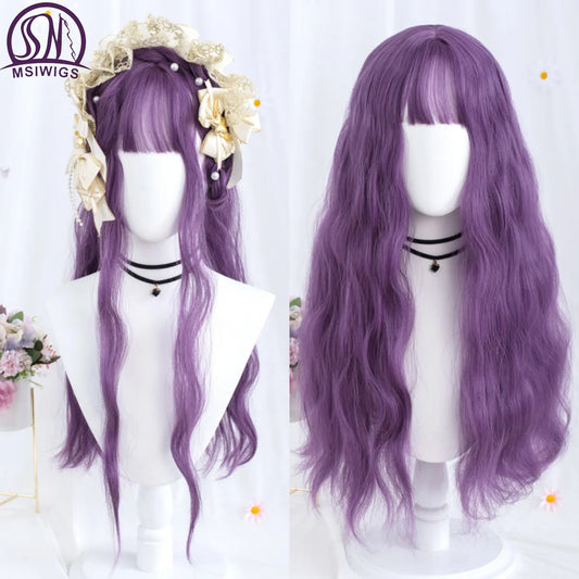 MSIWIGS Long Wavy Purple Cosplay Synthetic Wigs Lolita Halloween With Bangs for Women Party Dailly Heat Resistant Wig [LOL]