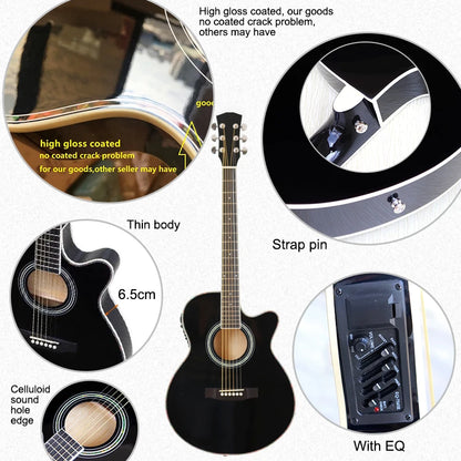 Thin Body Acoustic Electric Guitar Beginner Guitar with Free Gig Bag Free String Black Natural Sunburst White Color [SPT]