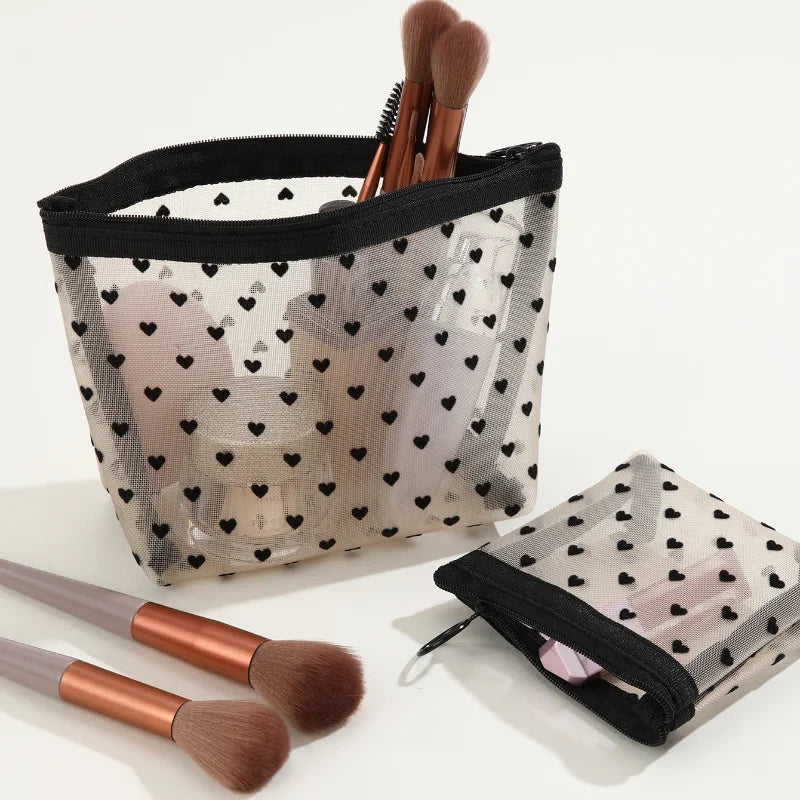 Heart-Shaped Nylon Mesh Cosmetic Bag Portable Toiletry Organizer Makeup Bag Multifunctional Women Lipstick Key Coin Purse Pouch [CSM]