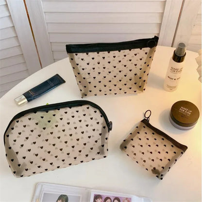 Mesh Cosmetic Makeup Bags Case Holder Cute Transparent Zipper Black Heart Printed Pencil Pen Case Pouch Convenient To Carry [CSM]