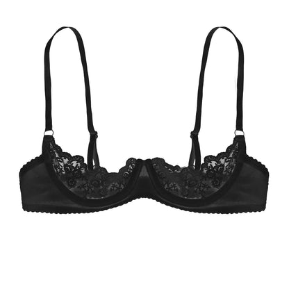 Women Lace Half Cup Bra Underwired Open Nipple Push Up Cupless Exposed Breasts Underwired See Through Sheer Lace Sexy Exotic Bra [GRM] [UND]