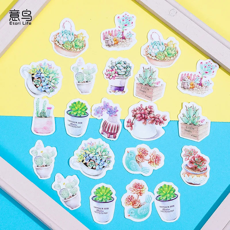 46pcs/pack Plant Decorative Washi Stickers Green Cactus Scrapbooking Stick Label Diary Stationery Album Stickers [OFF]