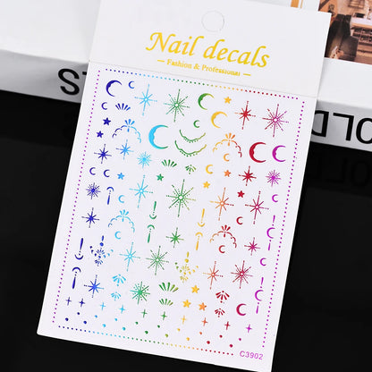 3D Gold Sun/Moon/Star Bronzing Nail Art Sticker 8*10cm Laser Star Moon Design Nail Decal Gold Silver Self-Adhesive Slider  [BEU]