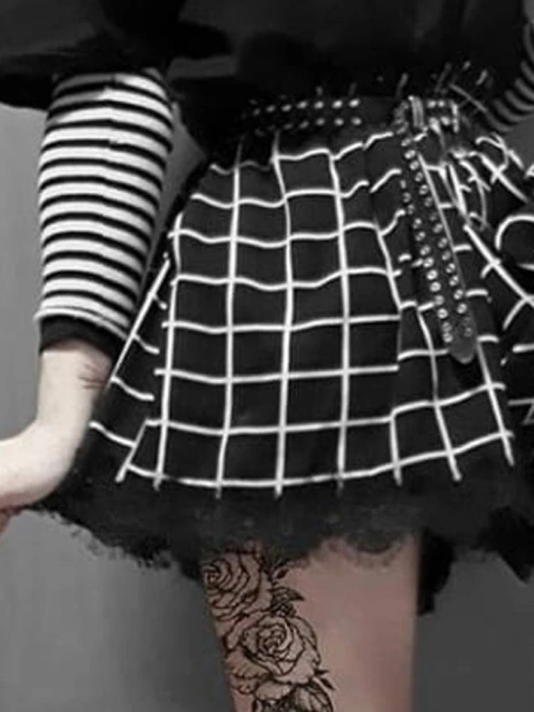 Black White Plaid Shorts Women Harajuku Lace Trim Chic Lace Shorts Punk Gothic Shortses Lolita Womens Streetwear High Waist [LOL]