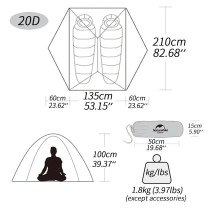 Naturehike Mongar 2 Tent 2 Person Backpacking Tent 20D Ultralight Travel Tent Waterproof Hiking Survival Outdoor Camping Tent [SPT]