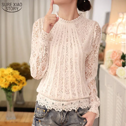 Spring Autumn New Ladies White Blusas Women's Long Sleeve Chiffon Lace Crochet Tops Blouses Women Clothing Feminine Blouse 51C [WOM]