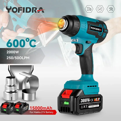 Yofidra 2000W Electric Heat Gun Cordless Handheld Hot Air Gun with 3 Nozzles Industrial Home Hair Dryer For Makita 18V Battery [TOL]