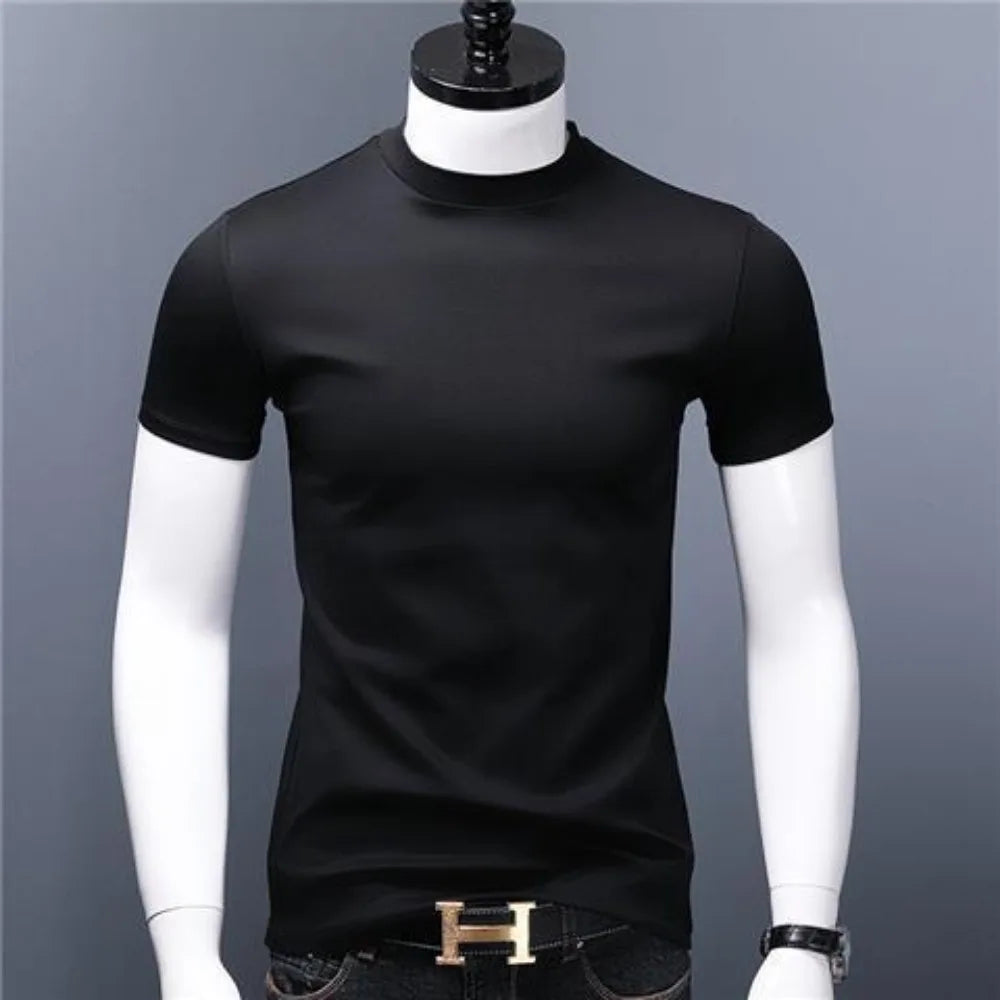 Men's Casual Turtleneck T-Shirts Short Sleeve Solid Slim Fit Silk High Neck Tops Inner Wear Trendy Round Neck Base Layer Shirt [MEN]