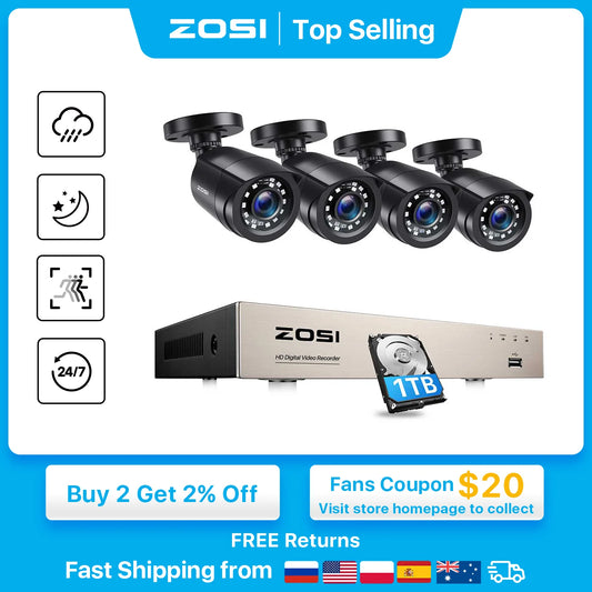 ZOSI 8CH 1080P CCTV System Outdoor 5MP Lite Video DVR with 2/4/6/8pcs 2MP Security Camera Day/Night Video Surveillance System [SEC]