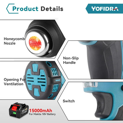 Yofidra 2000W Electric Heat Gun Cordless Handheld Hot Air Gun with 3 Nozzles Industrial Home Hair Dryer For Makita 18V Battery [TOL]