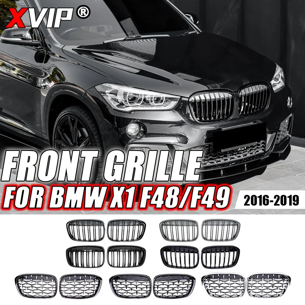 XVIP Glossy Black Diamonds Style Front Bumper Kidney Grilles For BMW X1 F48 F49 2016-2019 Shiny Line Style Upper Racing Grilles [BDK]