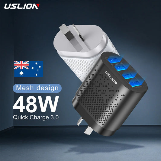 48W AU Plug USB Charger for Australia New Zealand 3A QC3.0 Mobile Phone Charger For iPhone 14 Samsung 4 Port Fast Wall Chargers [MOB]