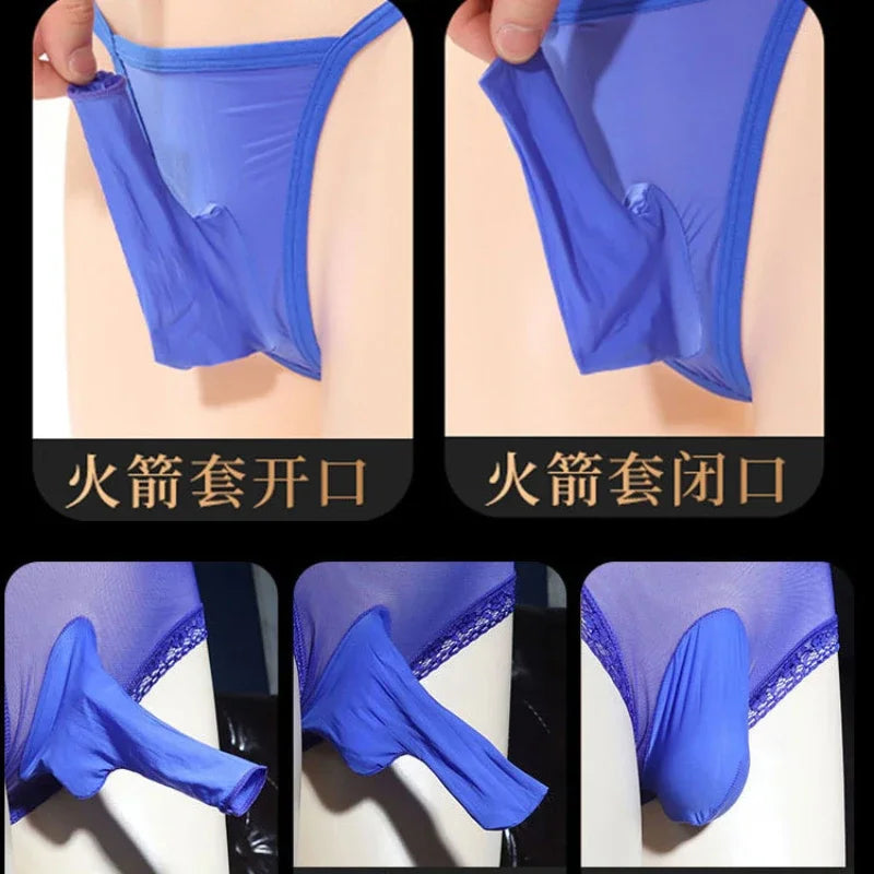 Perspective Glossy Bullet Separation Brief Men Sexy Transparent High Waisted Underwear Elasticity Oil Shiny Silky Tight Panties [GRM] [UND]