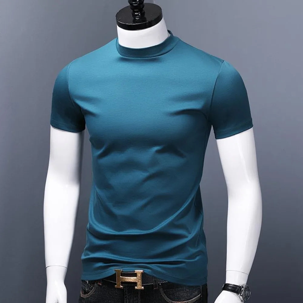 Men's Casual Turtleneck T-Shirts Short Sleeve Solid Slim Fit Silk High Neck Tops Inner Wear Trendy Round Neck Base Layer Shirt [MEN]