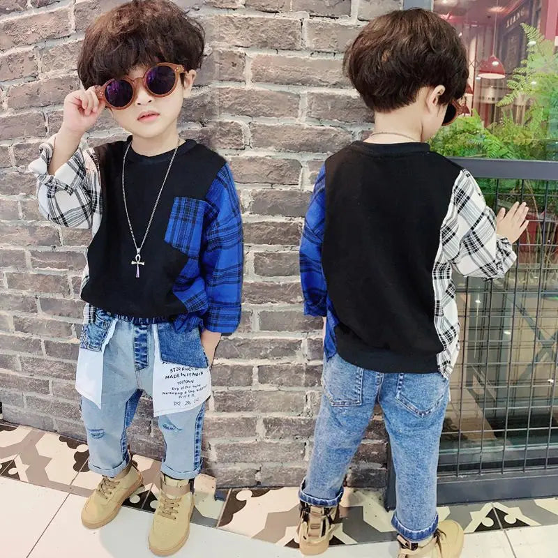 Children's Patchwork Sweatshirts For Boys Cotton O-Neck Long Sleeve Boy Tops Kids Autumn Clothes 4 5 6 7 8 9 10 11 12 Years [MEN]