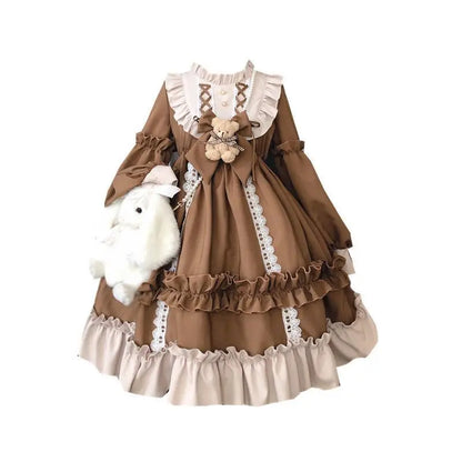 Japanese Gothic Vintage Lolita Dress for Women Cute Bow Bear Lace Blue Dresses Long Sleeve Princess Dress Halloween Costume [LOL]