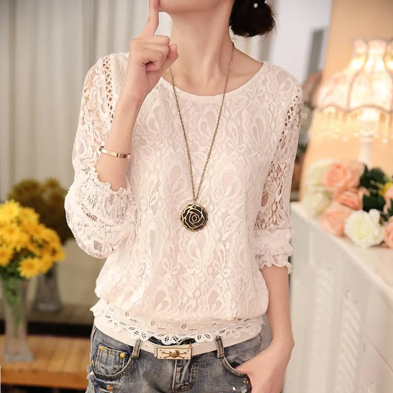 Spring Autumn New Ladies White Blusas Women's Long Sleeve Chiffon Lace Crochet Tops Blouses Women Clothing Feminine Blouse 51C [WOM]