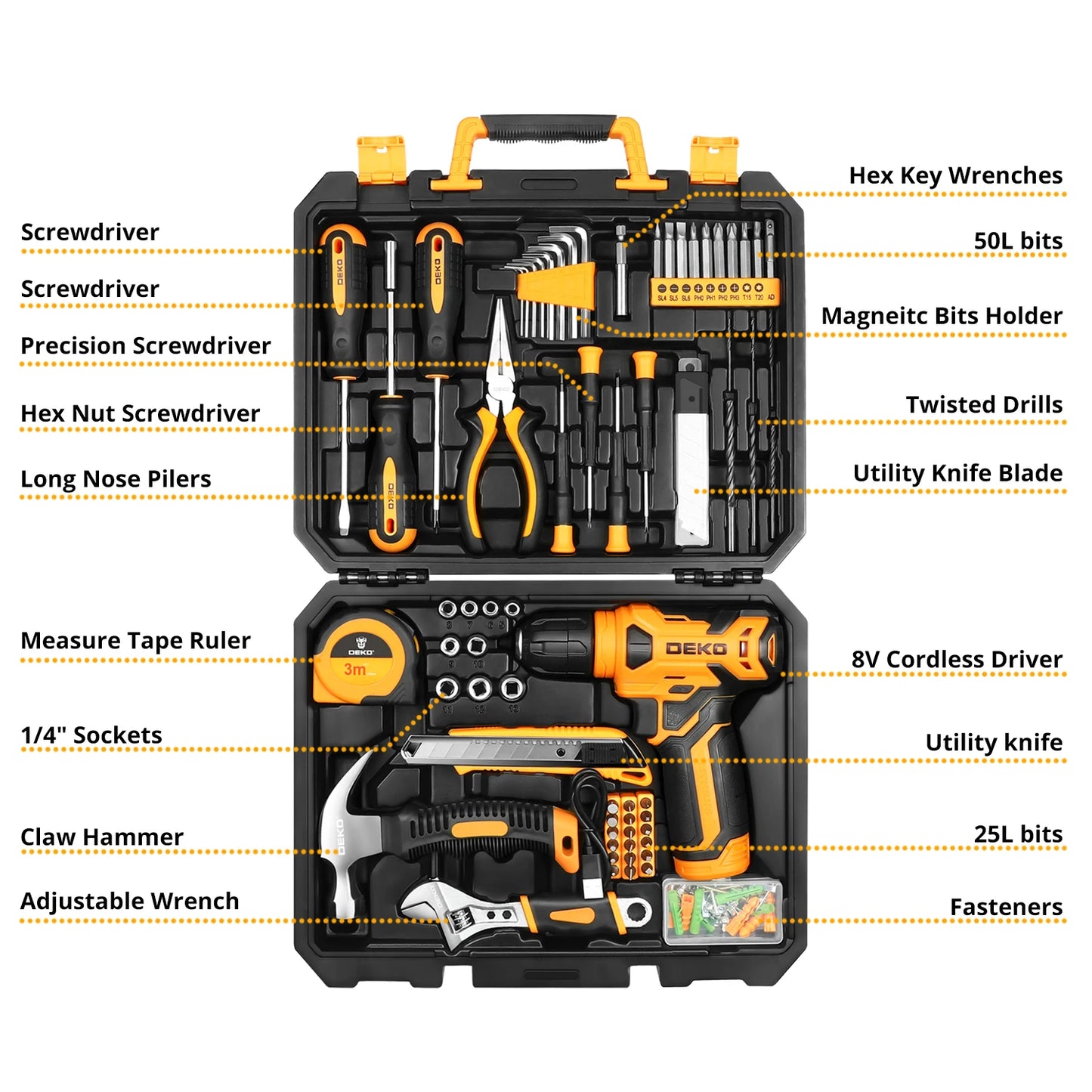 DEKO 126Pcs Power Tool Combo Kits with 8V Cordless Drill,10MM 3/8'' Keyless Chuck,Professional Home Household DIY Hand Tool Kits [PTO]