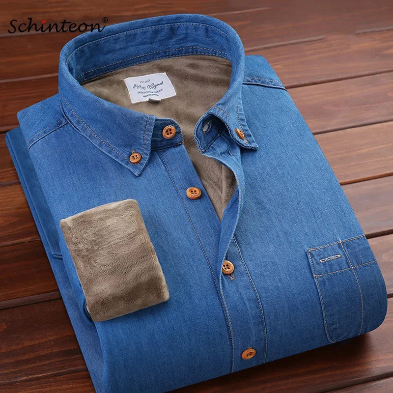 Schinteon Top Quality Brand Autumn Winter Jeans Shirt Men Thick Warm Fleece Velvet Liner Denim Shirts 4XL Male Bottoming Shirt [MEN]