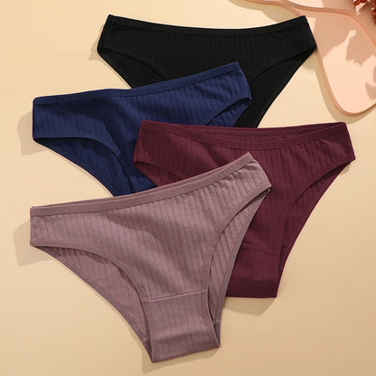 FINETOO 3PCS/SET Women's Cotton Panties Soft Striped Underpants Sexy Solid Color Briefs Female Comfortable Stretch Lingerie M-XL [UND]