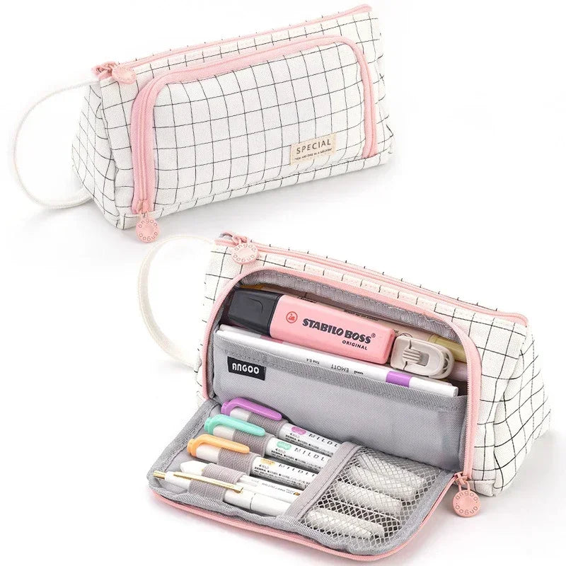 Child Stationary Pen Pencil Storage Bag Pen Bag Multi Layer Large Capacity Cosmetic Travel Storage Bag Simple Plaid Pencil Case [CSM]