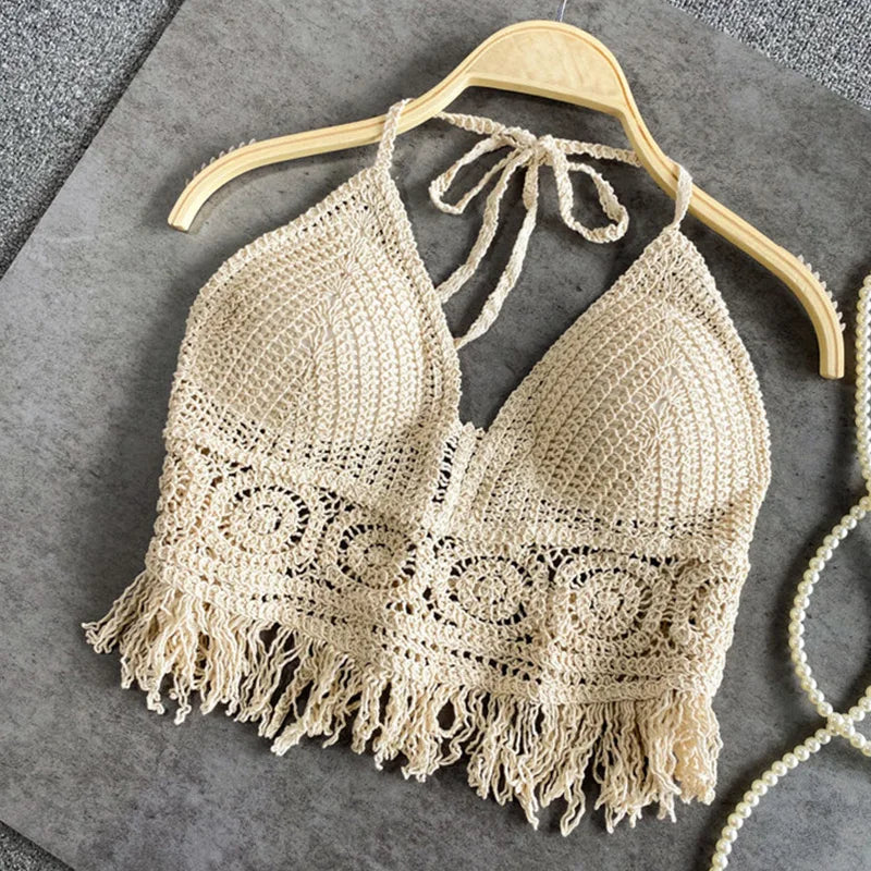 Sexy Boho Beach Holiday Camisole Halter Women Crochet Knit Swimsuit Bra Backless Vest Hollow Tassel Tank Top Women's Crop Tops [BRA]