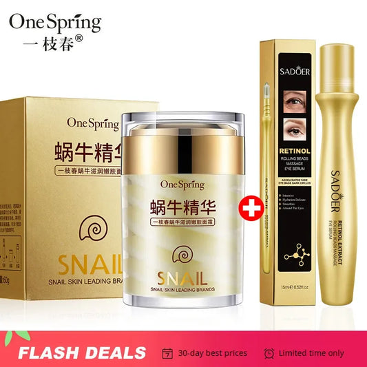 Snail Face Cream + Retinol Eye Massage Roller Serum 2PCS Whitening Face Cream Anti Wrinkles Eye Bags Korean Skin Care Products [SKC]