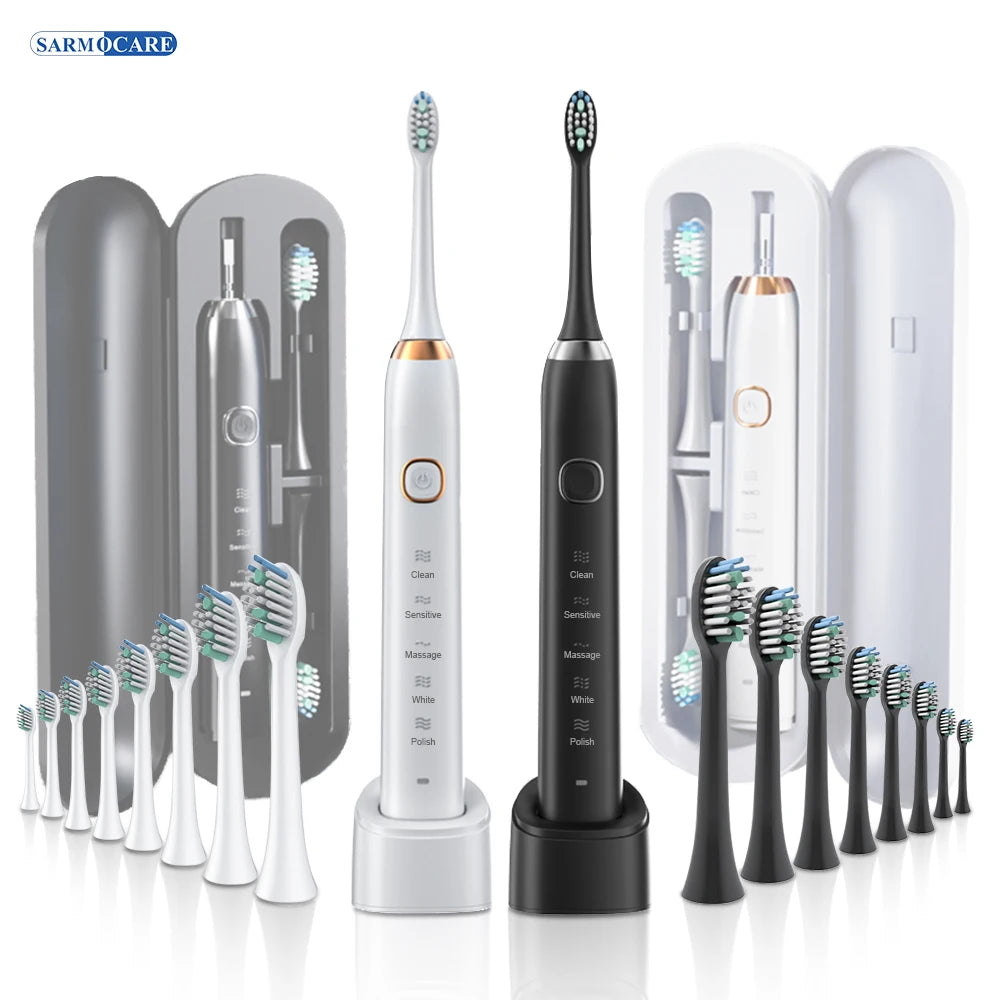 Electric Sonic Toothbrush 8 Brush Heads Smart Ultrasonic Dental Teeth Whitening Rechargeable Adult Tooth Brush Sarmocare S100 [DEN]