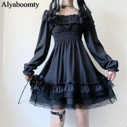 Japanese Lolita Style Women Princess Black Mini Dress Slash Neck High Waist Gothic Dress Puff Sleeve Lace Ruffles Party Dresses [LOL]