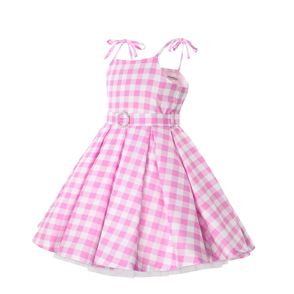 Girls Movie Princess Dress Cosplay Costume Pink Plaid Beach Barbi Outfit Birthday Halloween Party Kids Dress [COS]