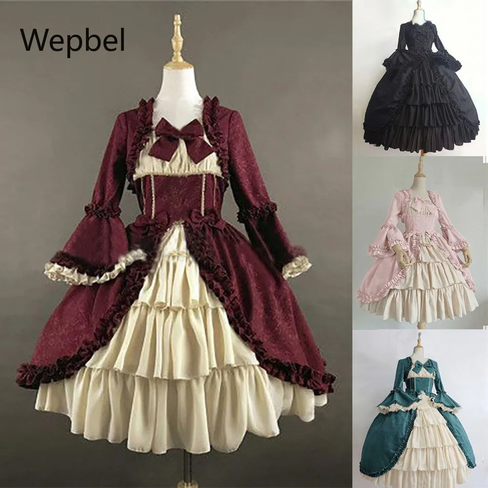 Wepbel Vintage Gothic Court Dress Bow Lolita Dresses Medieval Square Collar Waist Hugging Stitching Ruffle Cute Puffy Dress [LOL]