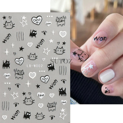 Black Cat Nail Stickers Cute Animals Nail Decals Korean Cartoon Design Stars Hearts Embossed Sliders Kawaii Accessories [BEU]