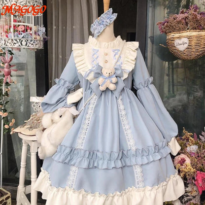 Japanese Gothic Vintage Lolita Dress for Women Cute Bow Bear Lace Blue Dresses Long Sleeve Princess Dress Halloween Costume [LOL]