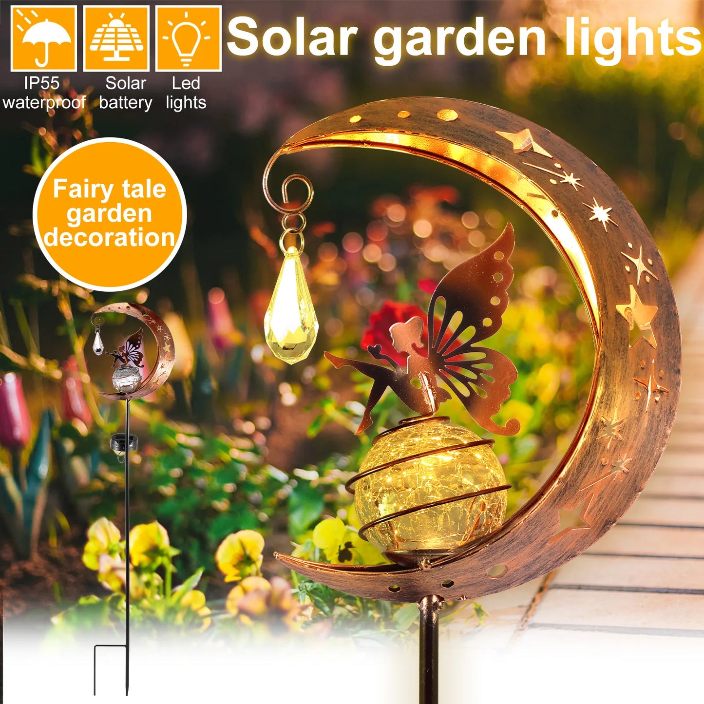 Fairy Moon Solar Light Lawn Outdoor Ornament Creative Decorative Iron Hollow Crack Ball Lamp Angle Art Led Yard Decor [SLG]