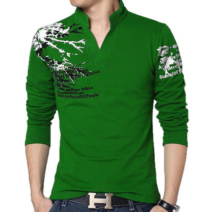 Autumn Men's T-Shirt Fashion Flower Print V Neck Long Sleeve T-Shirt Mens Clothes Trend Casual Top Tee Men 5XL [MEN]