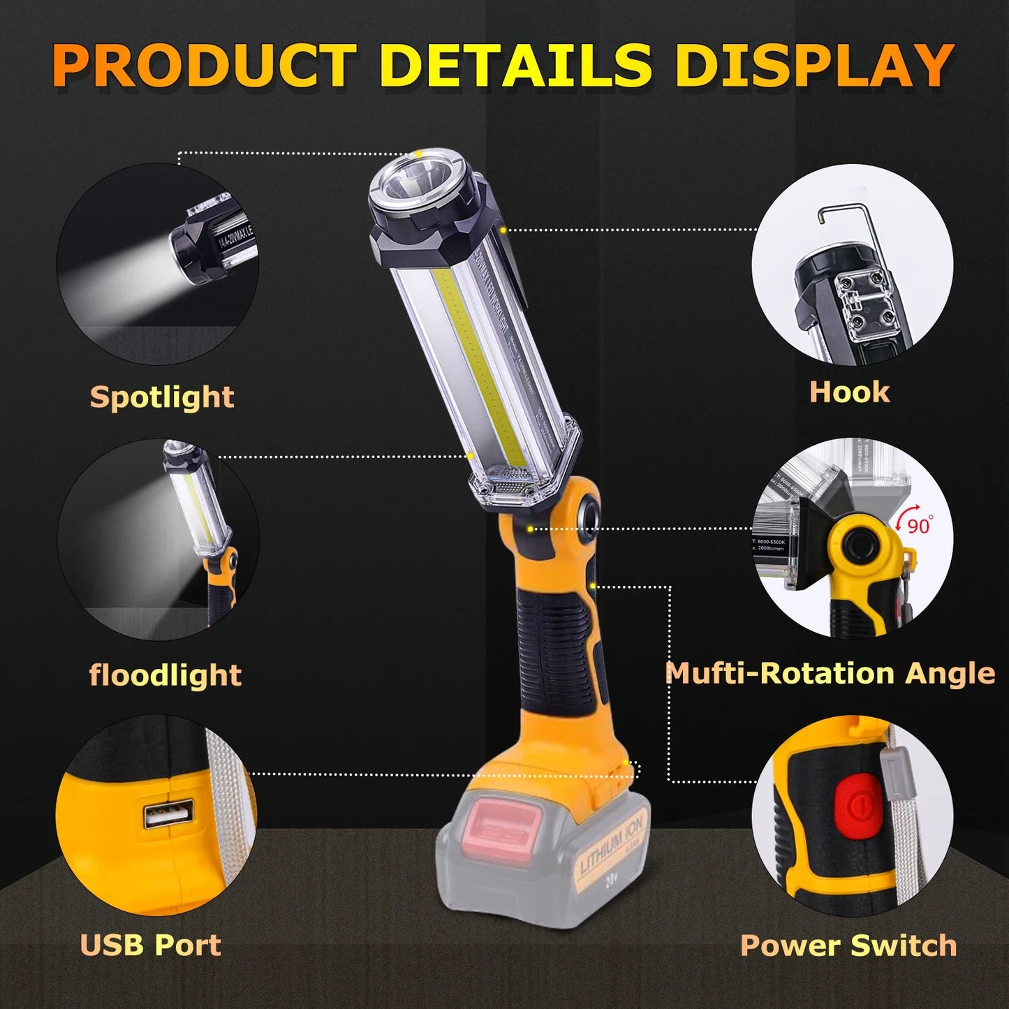 2000LM Cordless LED Work Light Portable Outdoor Flashlight Camping Lanterns for Dewalt 20V Li-ion Battery (No Battery) [BAT]