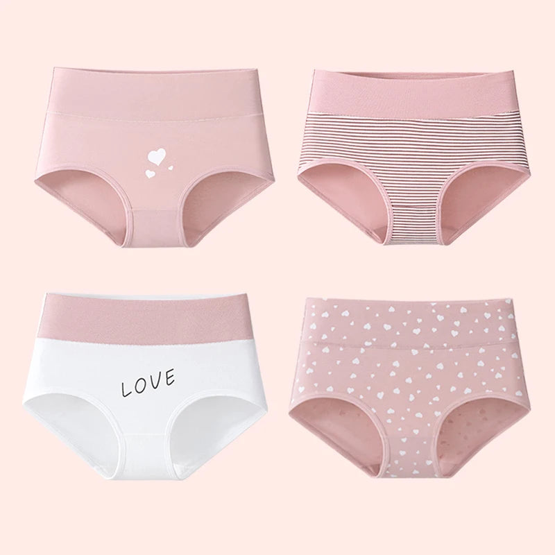 4Pcs Women's Panties High Waist Plus Size Underwear Fashion Print Girls Briefs Breathable Cotton Panty Female Lingerie [UND]