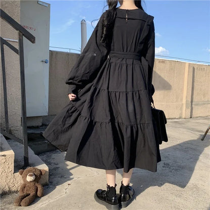 QWEEK Gothic Style Dress Women Harajuku Gothic Lolita Goth Kawaii Dress Punk Cute Long Sleeve Black Midi Dress 2021 Emo Oversize [LOL]