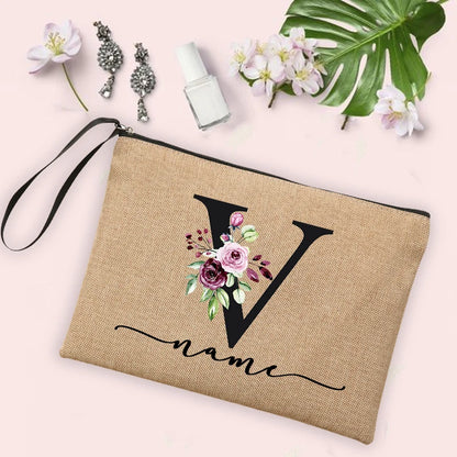 Flower Initial Letter Custom Name Cosmetic Bag Women Neceser Makeup Bag Linen Zipper Pouch Travel Toiletry Organizer Mujer Bolsa [CSM]