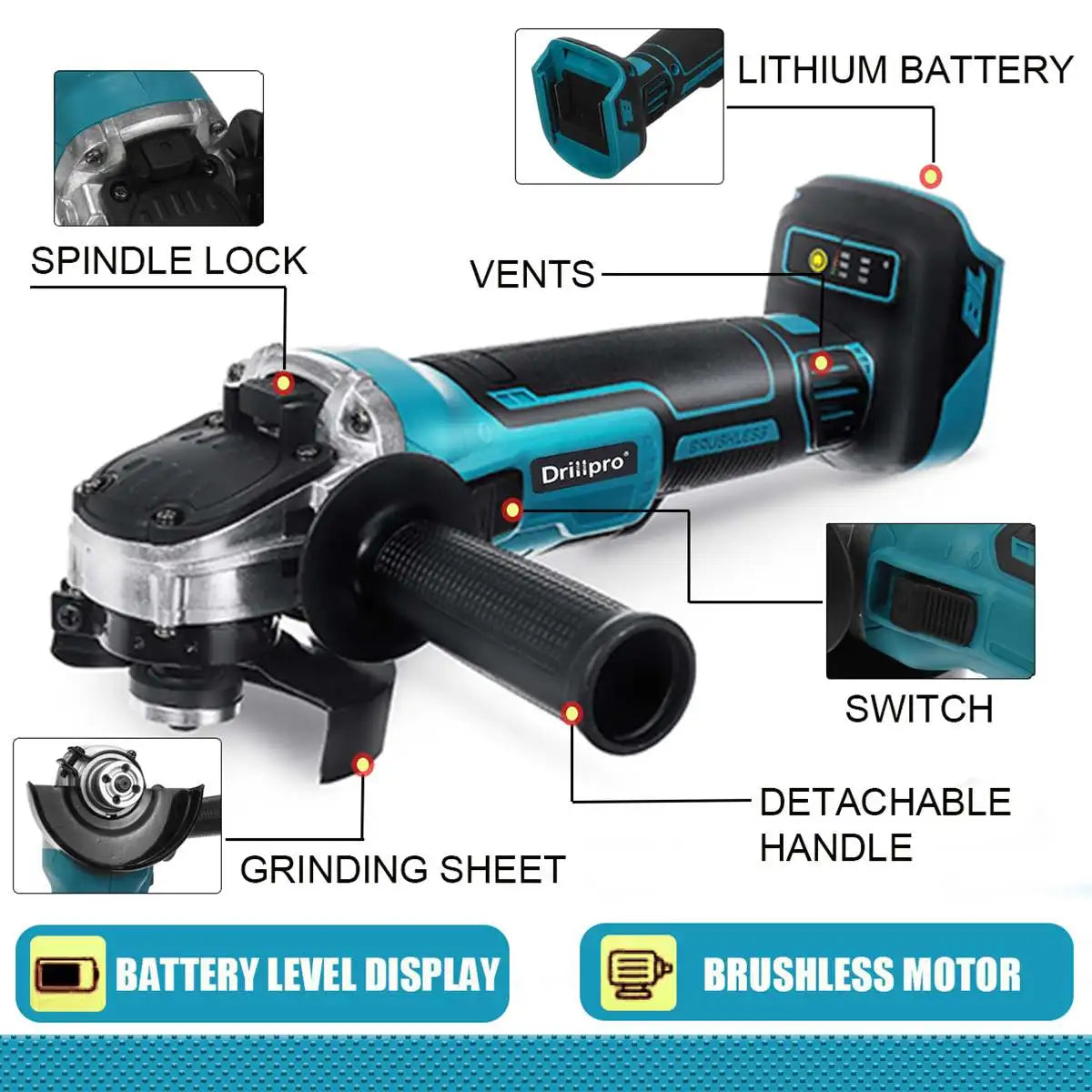 Drillpro 18V 125mm M14 Brushless Impact Angle Grinder Cordless Cutting Machine Polisher Power Tools compatible Makita Battery [PTO]