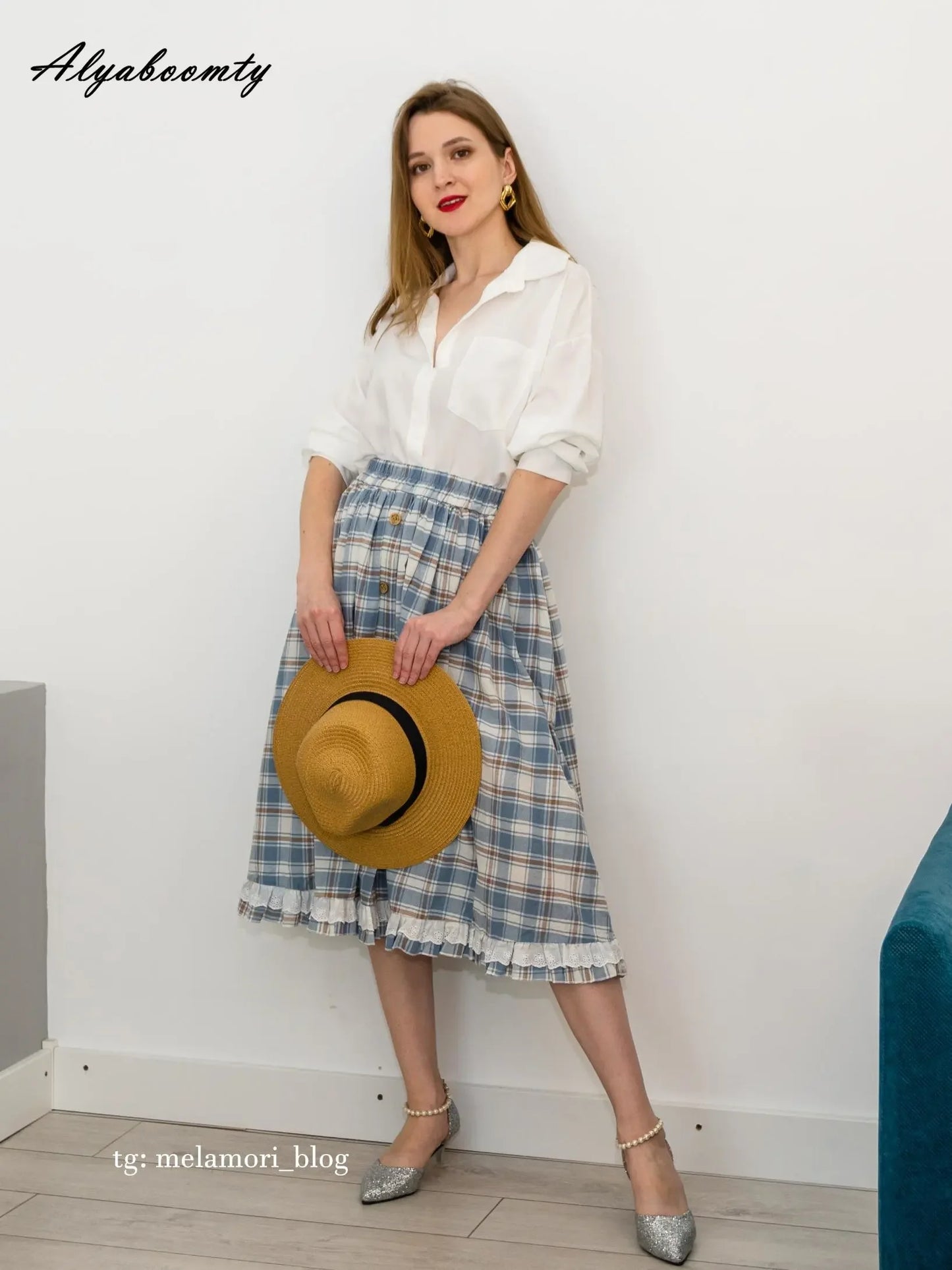 Japanese Lolita Style Women Skirt High Waist Vintage Plaid Buttons Skirt Elegant Ruffles Cute Kawaii Midi Self-Made Cotton Skirt [LOL]