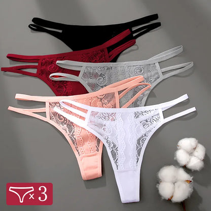 3Pcs/Set Sexy Lace Hollow Out Thongs Women Panties Low Waist Transparent G-String Underwear Female Breathable Intimates Lingerie [UND]