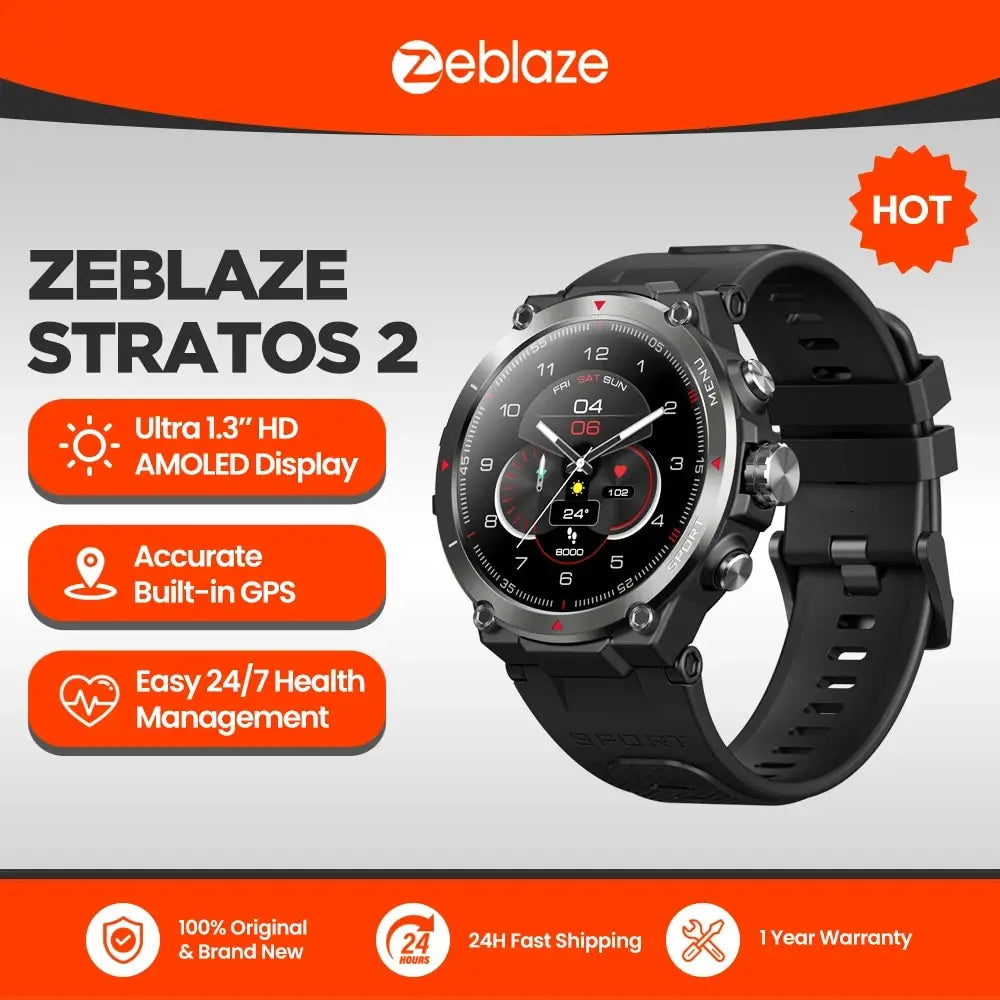 Zeblaze Stratos 2 GPS Smart Watch AMOLED Display 24h Health Monitor Long Battery Life Smartwatch for Men [SWH]